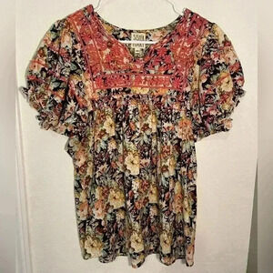 Sister Mary Embroidered Floral Short Sleeve Ruffle Blouse Womens Size XSmall